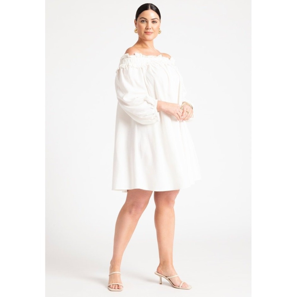 Eloquii NWT Ruffle Neckline Mini Dress White Linen Blend Off Shoulder- 26/28